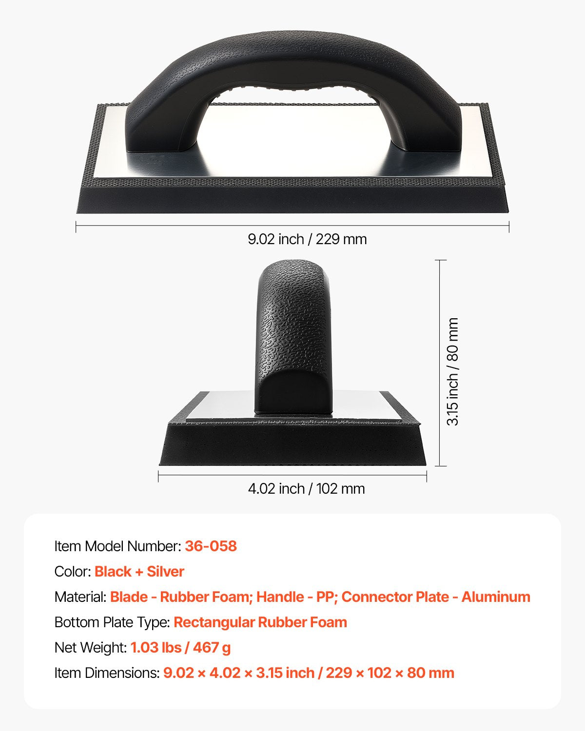 Grout Float, Professional Rubber Tile Grout Tool with Anti-slip Handle & Lightweight Aluminum Connector Backplate, Easy to Operate & Cleaning for Smoothly Apply to Concrete, Plaster, Drywall