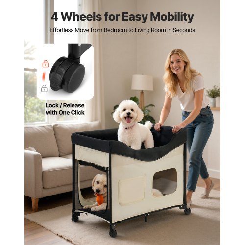 Erhöhtes Lounge-Haustierbett, faltbares Etagenbett für Hunde mit Rädern und Seitentaschen L | EU