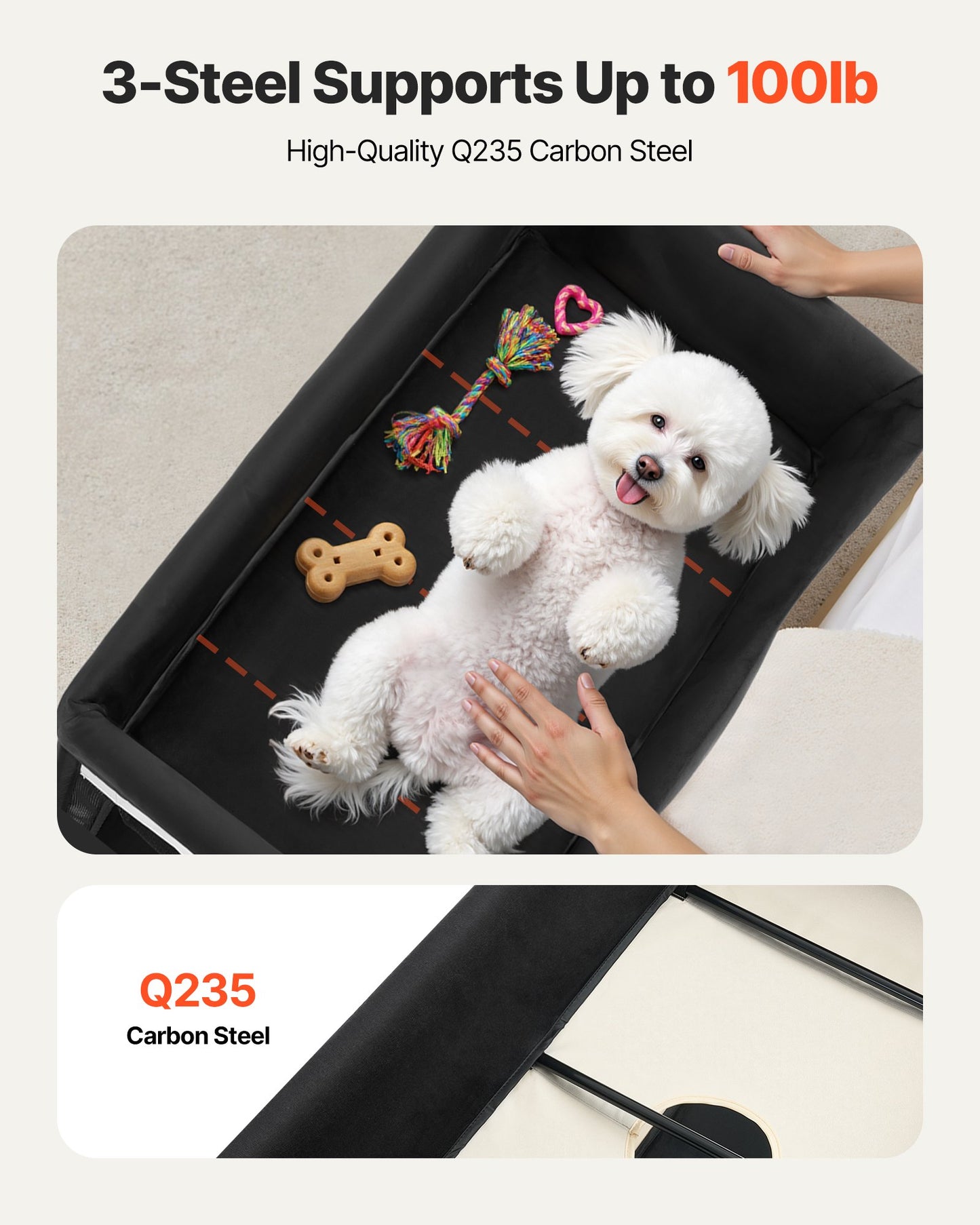 Elevated Lounge Pet Bed, Foldable Bunk Dog Bed with 600D Oxford Cloth and Dutch Velvet, Portable Raised Cot with Wheels, Side Storage Bags, and Carry Bag for Cats & Dogs, XL, Beige