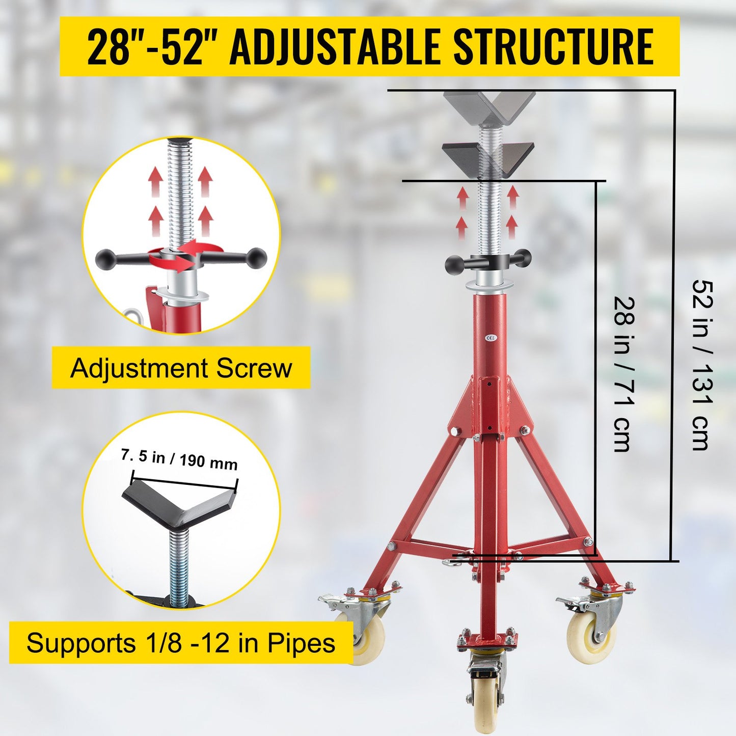 Pipe Stand, Pipe Jack Stand, V Head Pipe Stand Adjustable Height 28-52 Inch, Pipe Jack Stand with Wheels 882 LB, Foldable Portable Pipe Stands 1/8 to 12 Inch Pipe Support, Steel Jack Stand
