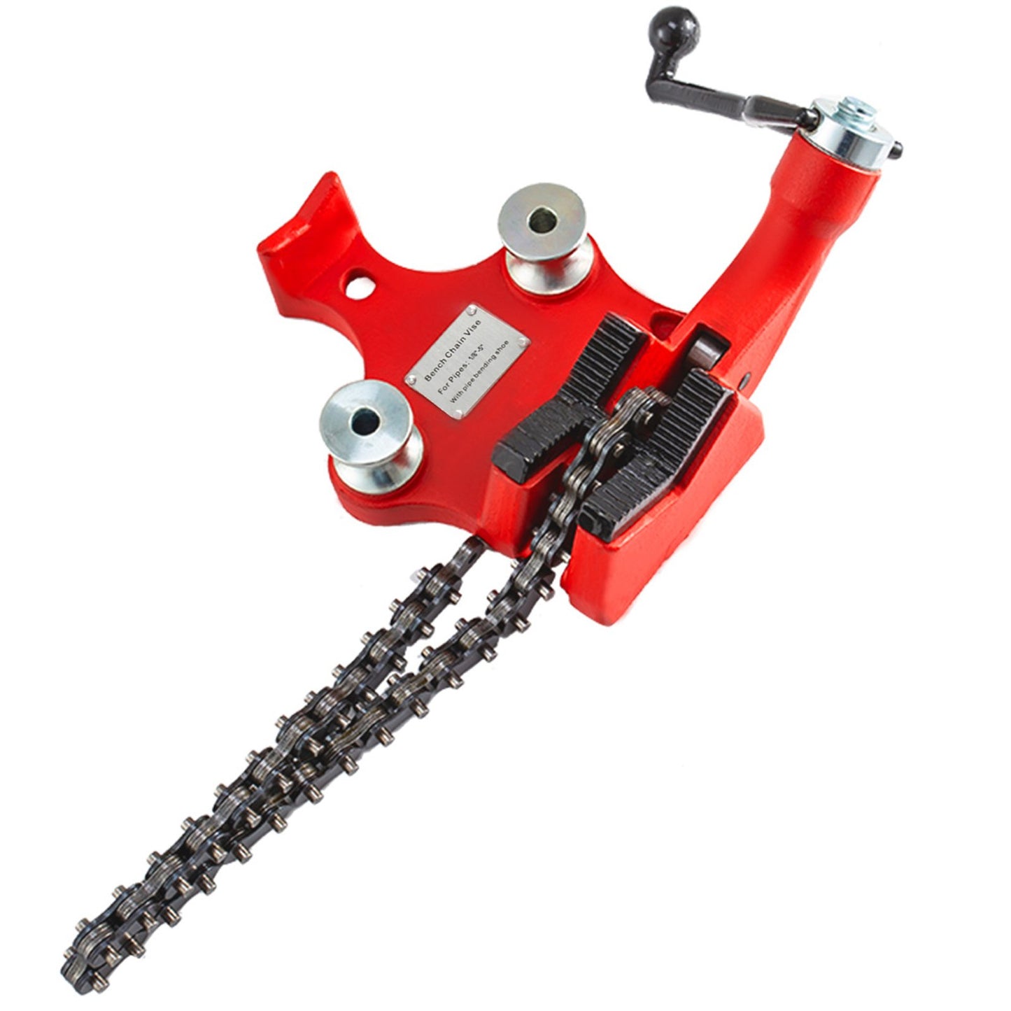 Screw Bench Chain Vise 1/8 to 5-Inch Pipe Capacity, Heavy Duty Bench Chain Pipe Vise with Crank Handle, Neoprene-Coated Jaw, Cast Iron Material Ideal for a Variety of Pipes