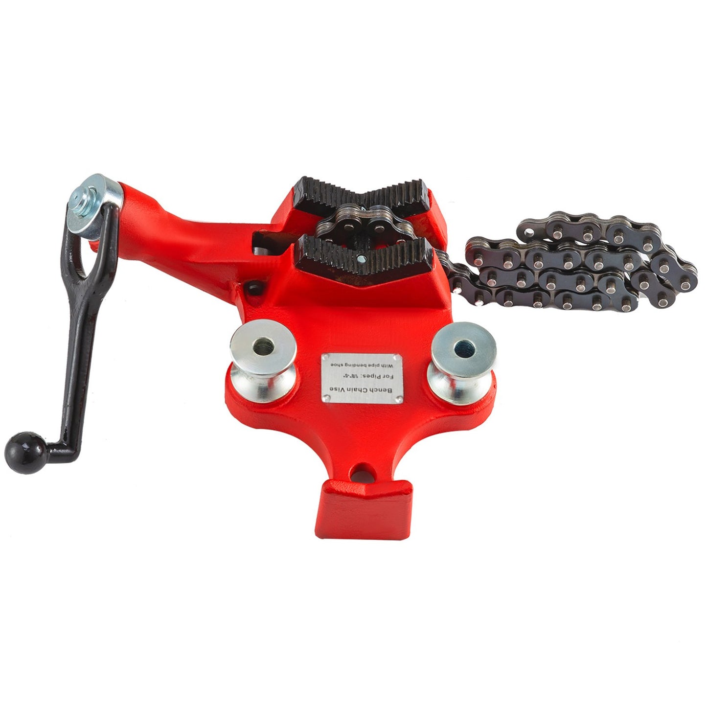 Screw Bench Chain Vise 1/8 to 5-Inch Pipe Capacity, Heavy Duty Bench Chain Pipe Vise with Crank Handle, Neoprene-Coated Jaw, Cast Iron Material Ideal for a Variety of Pipes