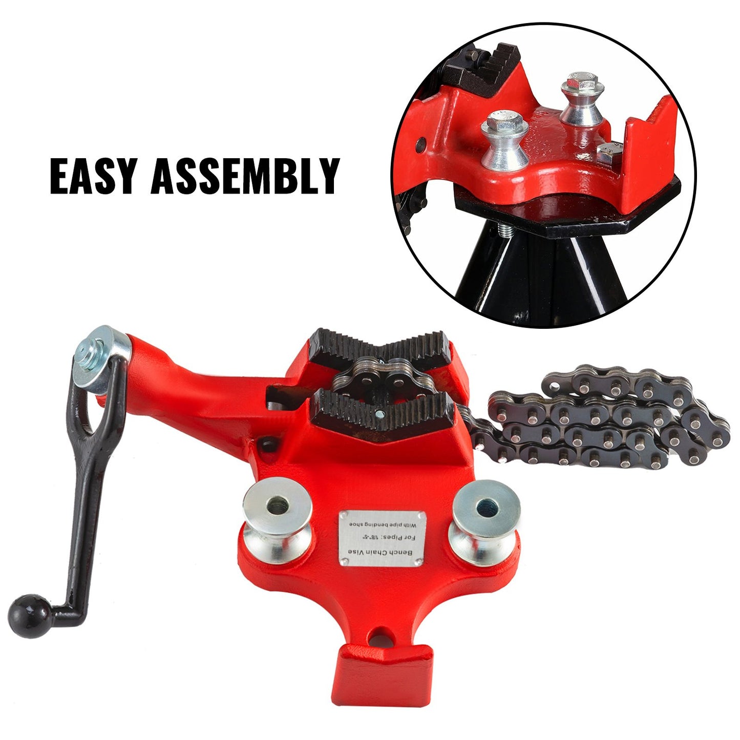Screw Bench Chain Vise 1/8 to 5-Inch Pipe Capacity, Heavy Duty Bench Chain Pipe Vise with Crank Handle, Neoprene-Coated Jaw, Cast Iron Material Ideal for a Variety of Pipes