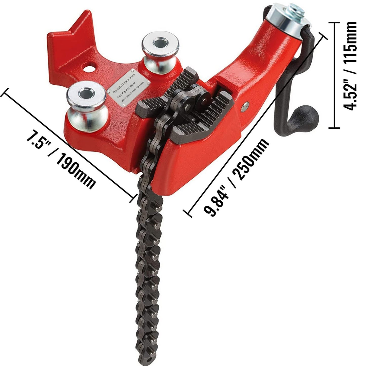 Screw Bench Chain Vise 1/8 to 5-Inch Pipe Capacity, Heavy Duty Bench Chain Pipe Vise with Crank Handle, Neoprene-Coated Jaw, Cast Iron Material Ideal for a Variety of Pipes