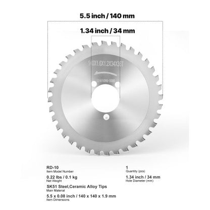 armeringsskärblad ersätter elektrisk armeringssåg, 36 tänder höghård värmebehandlat stål med cermetspets, snabb jämn för aluminium, kopparrör, spindel 34 mm/1-11/32 tum |  EU