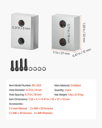 Rebar Cutter Blades, 6 Pcs Replacement Jaw Blades for 1Inch 25mm #8 Electric Rebar Cutter, Double-sided, CR12MOV High-Hardness Steel, Fast Efficient with Screws and Spring Washer, Silver