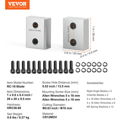 Electric Rebar Cutter Blade, 6 PCS 16mm(5/8 Inch) Cutting Diameter, HRC58-60 Hard Hydraulic Rebar Blade Replacement Jaw Blades with 12 Hexagon Screw and 12 Spring Washer, for Model RC-16