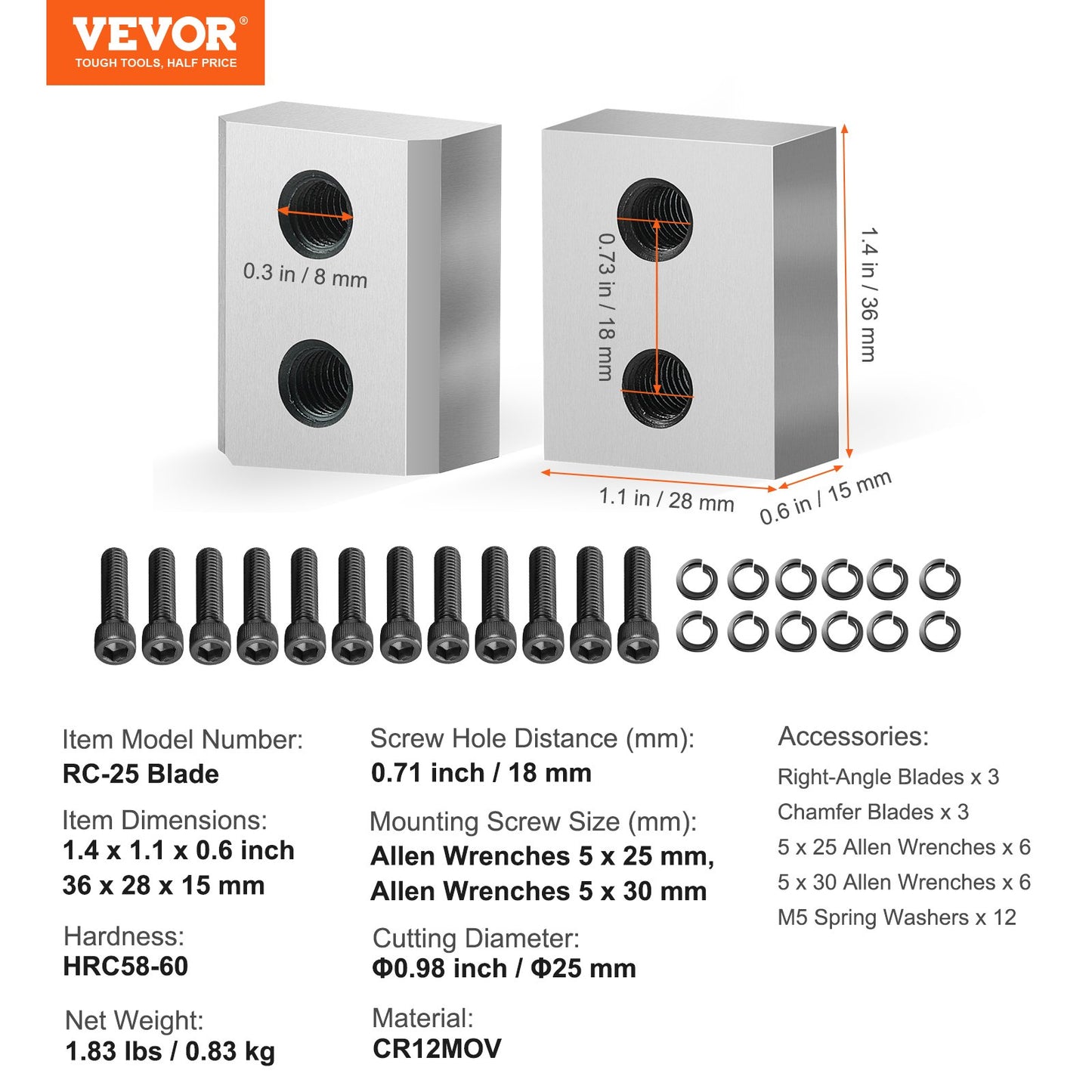 Electric Rebar Cutter Blade, 6 PCS 25mm(1 inch) Cutting Diameter, HRC58-60 Hard Hydraulic Rebar Blade Replacement Jaw Blades with 12 Hexagon Screw and 12 Spring Washer, for Model RC-25