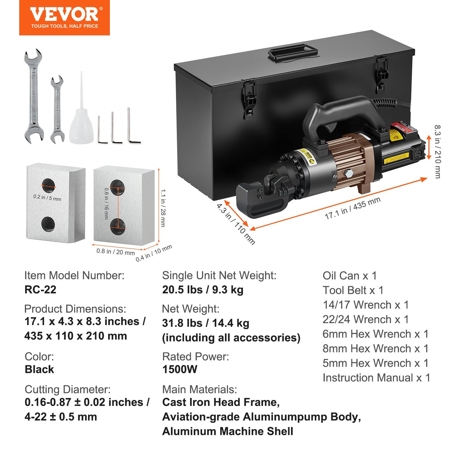 Electric Hydraulic Rebar Cutter, 1500W Portable Rebar Cutter, Cutting up to 7/8 Inch #7 4-22mm Rebar within 2.5 Seconds, High Power Steel Rebar Cutter with Oil Can Rich Accessories,Black RC-22
