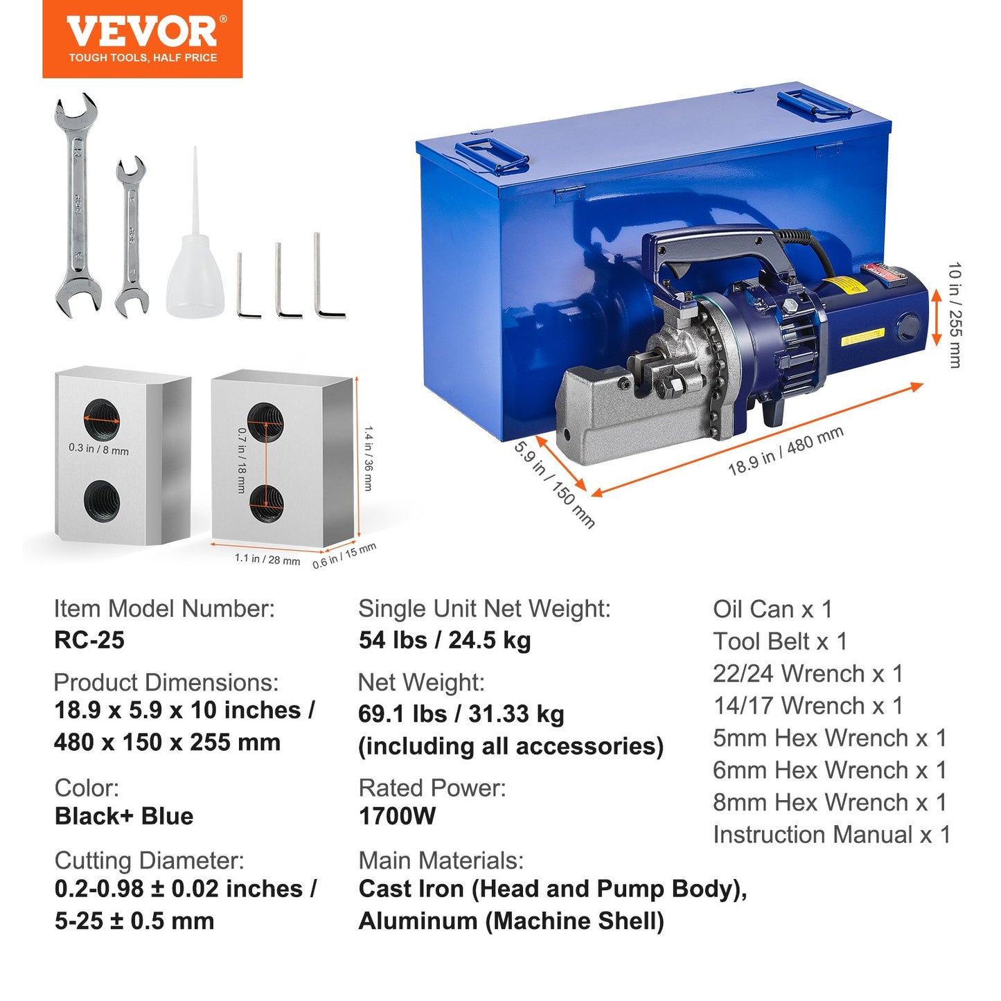 1700W elektrisk hydraulisk armeringsjärnsskärare upp till 1 tum #8 (5-25 mm) armeringsjärn