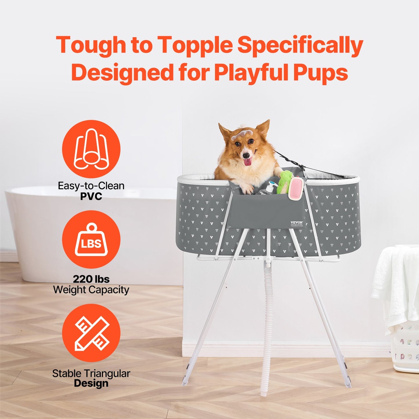 Foldable Dog Bathtub Raised Gray Shower Station for Small and Medium Pets