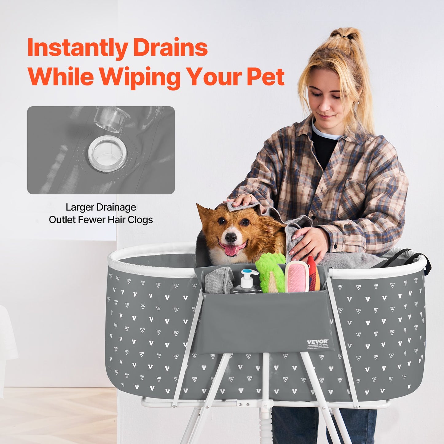Foldable Dog Bathtub Raised Gray Shower Station for Small and Medium Pets