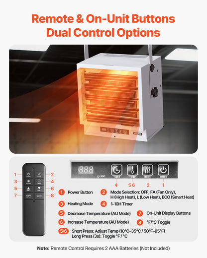 Electric Garage Heater, 10000-Watt with Remote Control & 10 Hour Timer & Overheat Protection Wall/Ceiling Mounted Shop Heater, Commercial Fan-forced for Indoor Workshop Warehouse,240V White