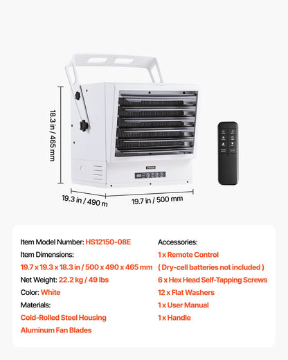 Electric Garage Heater, 15000-Watt with Remote Control & 10 Hour Timer & Overheat Protection Wall/Ceiling Mounted Shop Heater, Commercial Fan-forced for Indoor Workshop Warehouse,240V White
