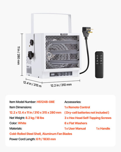 Electric Garage Heater, 4800-Watt with Remote Control & 10 Hour Timer & Overheat Protection Wall/Ceiling Mounted Shop Heater, Commercial Fan-forced for Indoor Workshop Warehouse,240V White