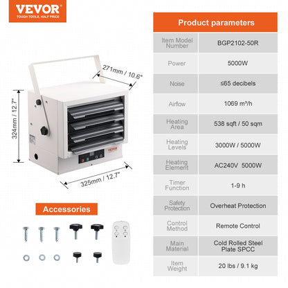 Electric Garage Heater, 5000-Watt Digital Fan-Forced Wall/Ceiling Mount Shop Heater, with Remote Control Overheat Protection, Hardwired Heater with 9-Hour Timer, Ideal for Workshop, ETL Listed