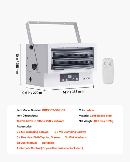 Electric Garage Heater, 5000-Watt (2500/5000W) Ceiling Mounted Shop Heater, With Remote Control & Overheat Protection & Low Noise Cross-flow, Commercial for Indoor Workshop Warehouse,240V White