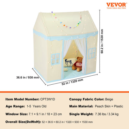 Kids Play Tent, Kids Tent for Kids 1-5 Years Old, Toddler Tent with Mat and Tent Lamp, Tent for Kids with Windows for Indoor and Outdoor, Play House Castle Tent for Boys and Girls, Beige