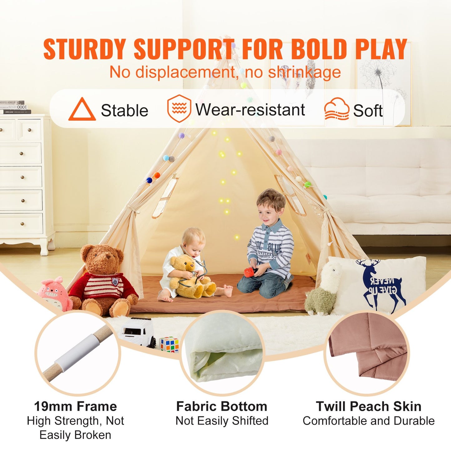 Kids Play Tent, Teepee Tent for Kids 1-5 Years Old, Tent for Kids with Windows for Indoor and Outdoor, Toddler Tent with Mat and Plush Decorative Balls, for Boys and Girls, Beige