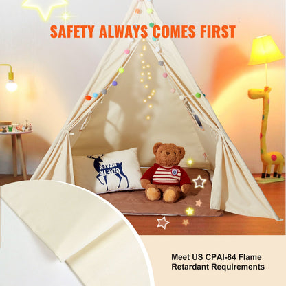 Kids Play Tent, Teepee Tent for Kids 1-5 Years Old, Tent for Kids with Windows for Indoor and Outdoor, Toddler Tent with Mat and Plush Decorative Balls, for Boys and Girls, Beige