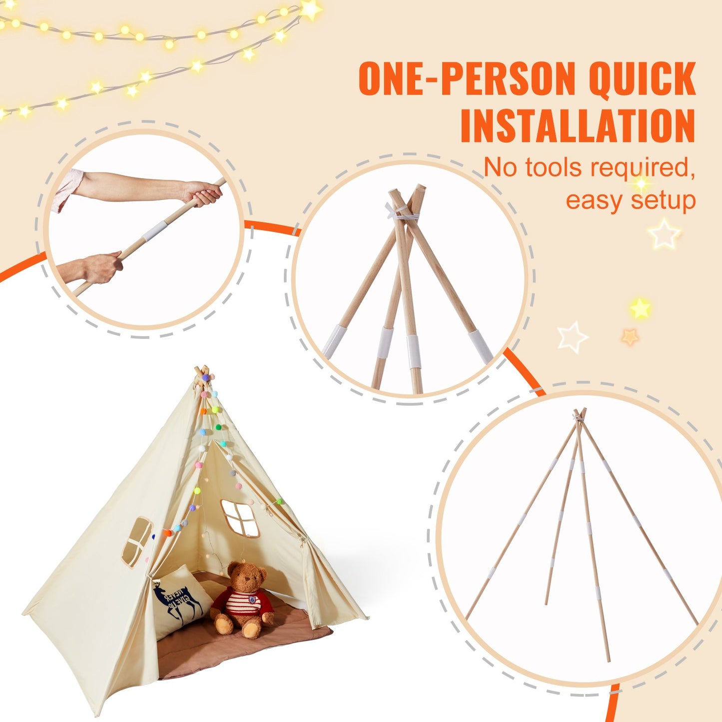 Kids Play Tent, Teepee Tent for Kids 1-5 Years Old, Tent for Kids with Windows for Indoor and Outdoor, Toddler Tent with Mat and Plush Decorative Balls, for Boys and Girls, Beige