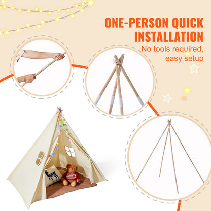 Kids Play Tent, Teepee Tent for Kids 1-5 Years Old, Tent for Kids with Windows for Indoor and Outdoor, Toddler Tent with Mat and Plush Decorative Balls, for Boys and Girls, Beige