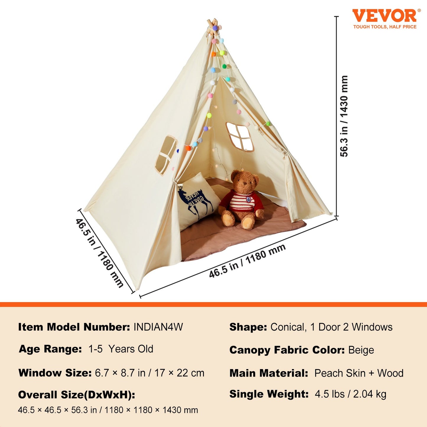Kids Play Tent, Teepee Tent for Kids 1-5 Years Old, Tent for Kids with Windows for Indoor and Outdoor, Toddler Tent with Mat and Plush Decorative Balls, for Boys and Girls, Beige