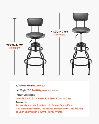 Shop Stool with Backrest, Pneumatic Garage Seat/Work Stool with 300 lbs Capacity, Adjustable Height Roller Creeper Seat, 360° Swivel Padded Workshop Stool, for Garage, Shop & Auto Repair, Black