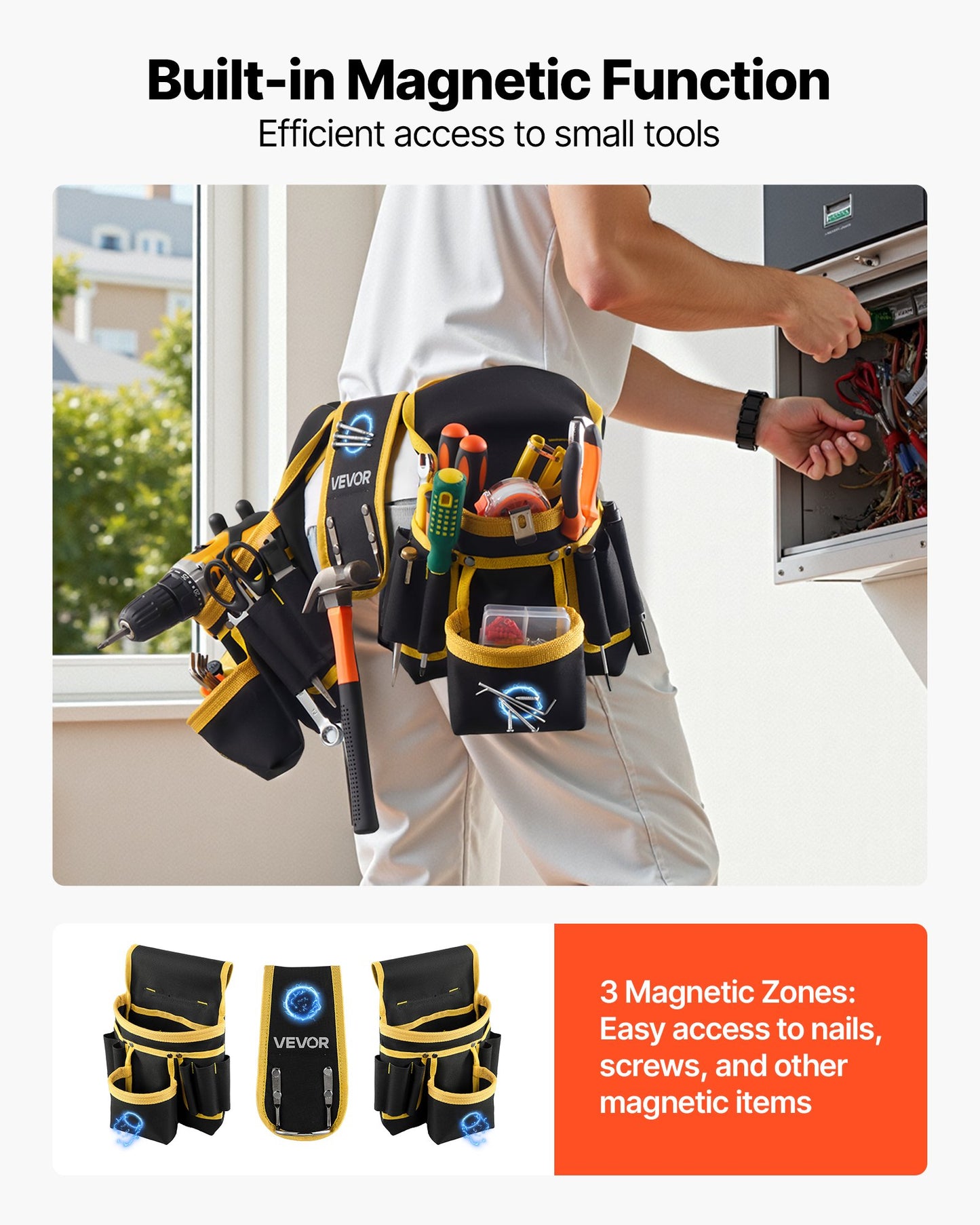 Tool Belt, Magnetic Tool Pouch for Men, 28 Pockets Heavy Duty Adjustable Utility Belt Detachable Work Bag for Electrician, Carpenter, Construction, Work Apron Organizer, Waist Adjust 31 to 48in