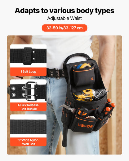 Tool Pouch with Belt, 14 Pockets Professional Tool Belt Pouch for Men, Heavy Duty Detachable Adjustable Utility Work Bag for Electrician, Carpenter, Construction, Adjusts Waist 32 to 50 Inches