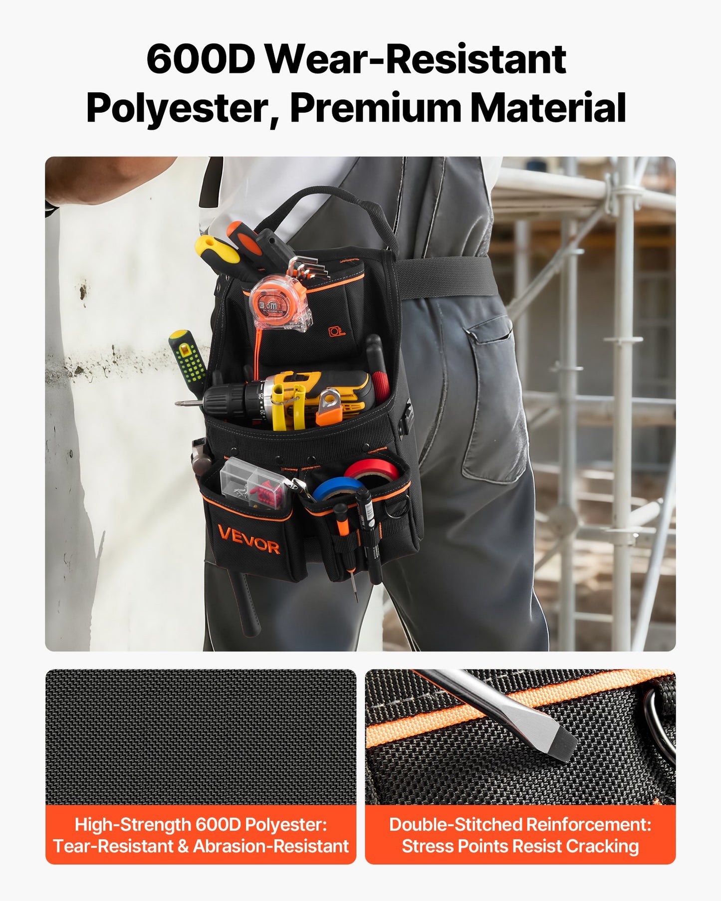 Tool Pouch with Belt, 14 Pockets Professional Tool Belt Pouch for Men, Heavy Duty Detachable Adjustable Utility Work Bag for Electrician, Carpenter, Construction, Adjusts Waist 32 to 50 Inches