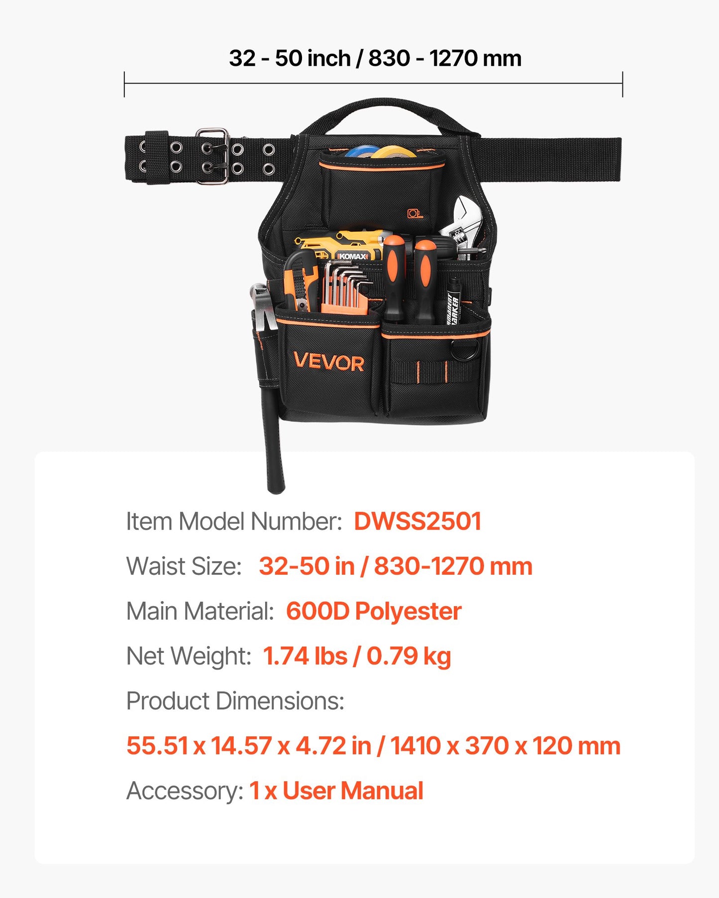Tool Pouch with Belt, 14 Pockets Professional Tool Belt Pouch for Men, Heavy Duty Detachable Adjustable Utility Work Bag for Electrician, Carpenter, Construction, Adjusts Waist 32 to 50 Inches