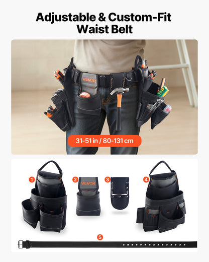 Tool Belt, 18 Pockets Professional Tool Pouch for Men, Heavy Duty Adjustable Utility Belt Detachable Work Bag for Electrician, Carpenter, Construction, Work Apron Organizer, Adjusts 31in to 51in