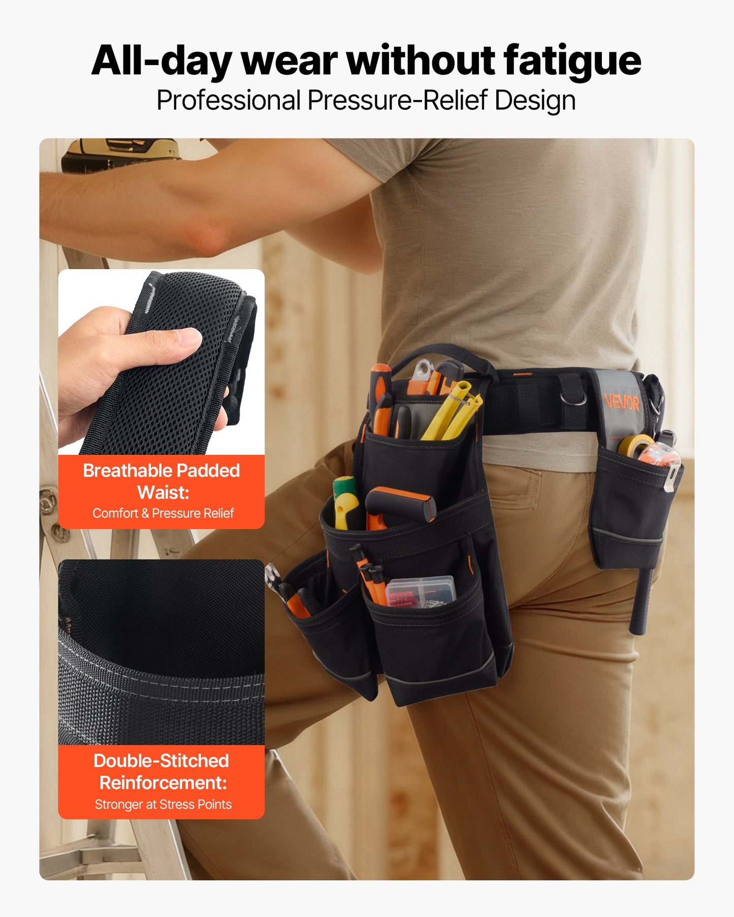 Tool Belt, 18 Pockets Professional Tool Pouch for Men, Heavy Duty Adjustable Utility Belt Detachable Work Bag for Electrician, Carpenter, Construction, Work Apron Organizer, Adjusts 31in to 51in