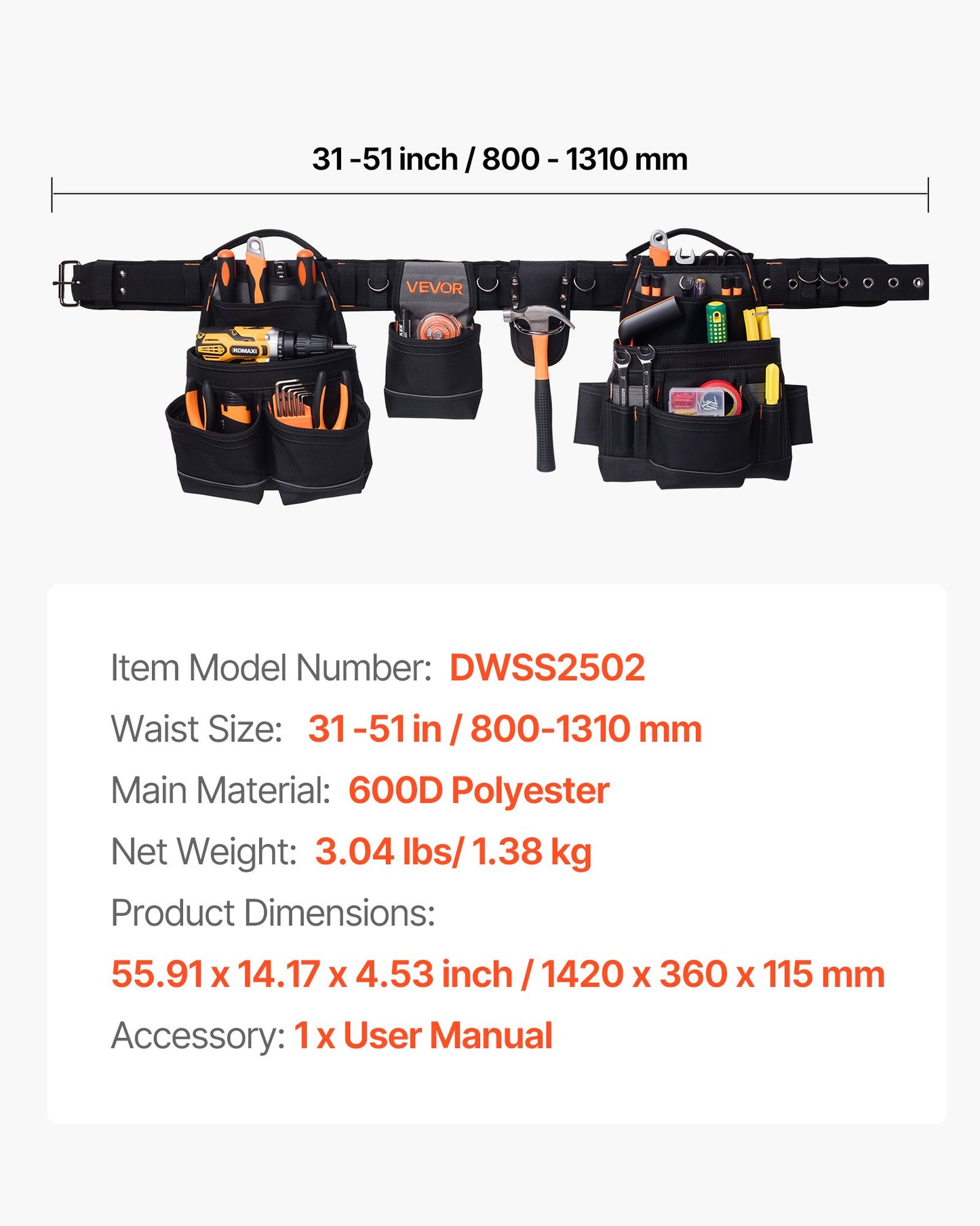 Tool Belt, 18 Pockets Professional Tool Pouch for Men, Heavy Duty Adjustable Utility Belt Detachable Work Bag for Electrician, Carpenter, Construction, Work Apron Organizer, Adjusts 31in to 51in