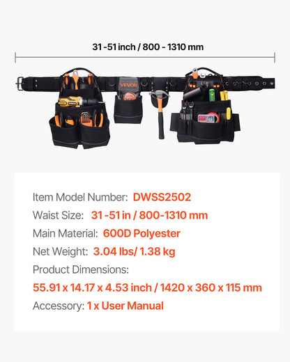 Tool Belt, 18 Pockets Professional Tool Pouch for Men, Heavy Duty Adjustable Utility Belt Detachable Work Bag for Electrician, Carpenter, Construction, Work Apron Organizer, Adjusts 31in to 51in