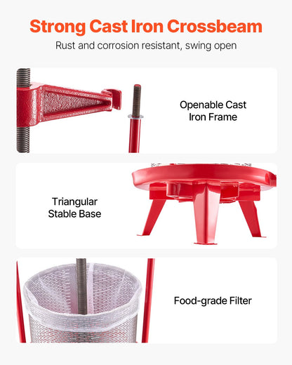 3.69 Gal/14L Fruit Wine Press, Stainless Steel Basket with Cross-beam and Triangular Structure, Manual Juice Maker, Cider Apple Grape Tincture Making Press with T-Handle for Kitchen Home