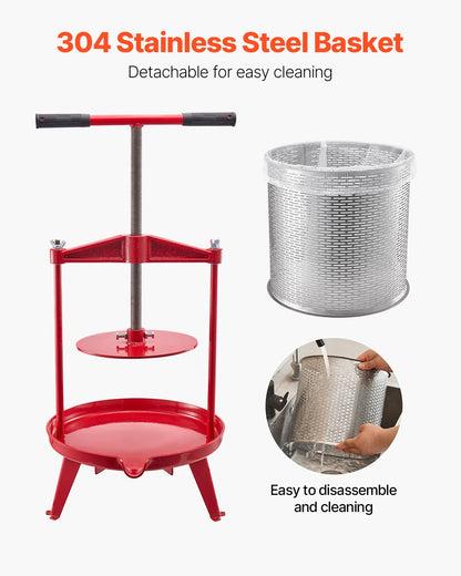 3.69 Gal/14L Fruit Wine Press, Stainless Steel Basket with Cross-beam and Triangular Structure, Manual Juice Maker, Cider Apple Grape Tincture Making Press with T-Handle for Kitchen Home