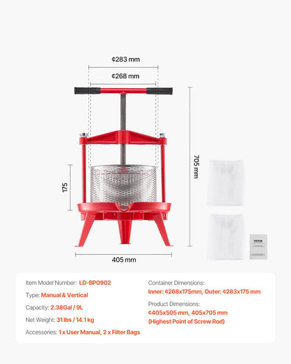 2.38 Gal/9L Fruit Wine Press, Stainless Steel Basket with Cross-beam and Triangular Structure, Manual Juice Maker, Cider Apple Grape Tincture Making Press with T-Handle for Kitchen Home