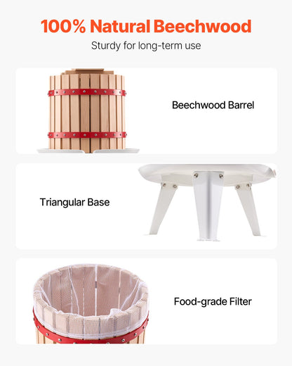 3.2 Gal/12L Fruit Wine Press, Solid Wood Basket with 8 Blocks, Heavy Duty Manual Juice Maker, Cider Apple Grape Tincture Honey Olive Oil Making Press with Handle for Kitchen, Home