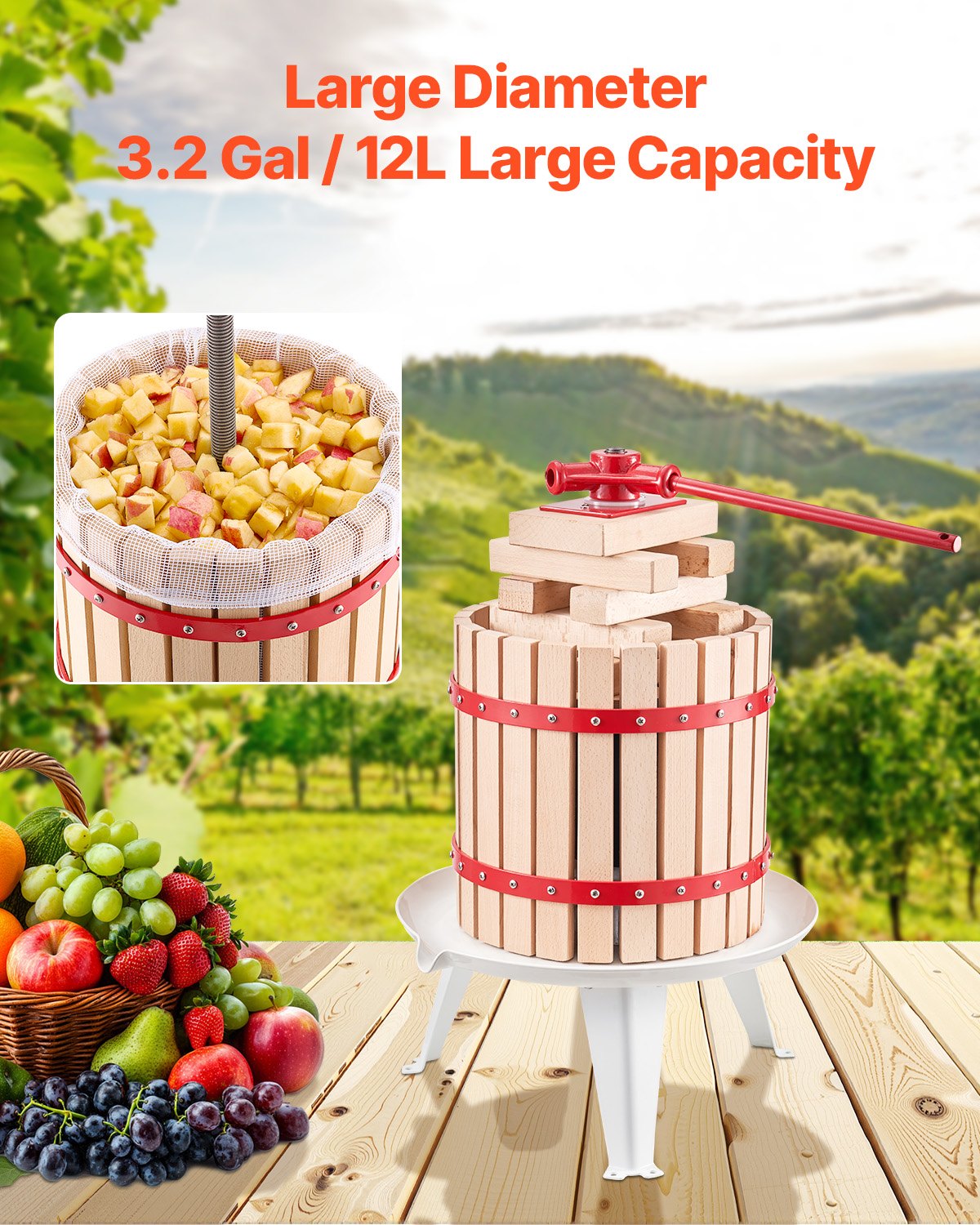 3.2 Gal/12L Fruit Wine Press, Solid Wood Basket with 8 Blocks, Heavy Duty Manual Juice Maker, Cider Apple Grape Tincture Honey Olive Oil Making Press with Handle for Kitchen, Home