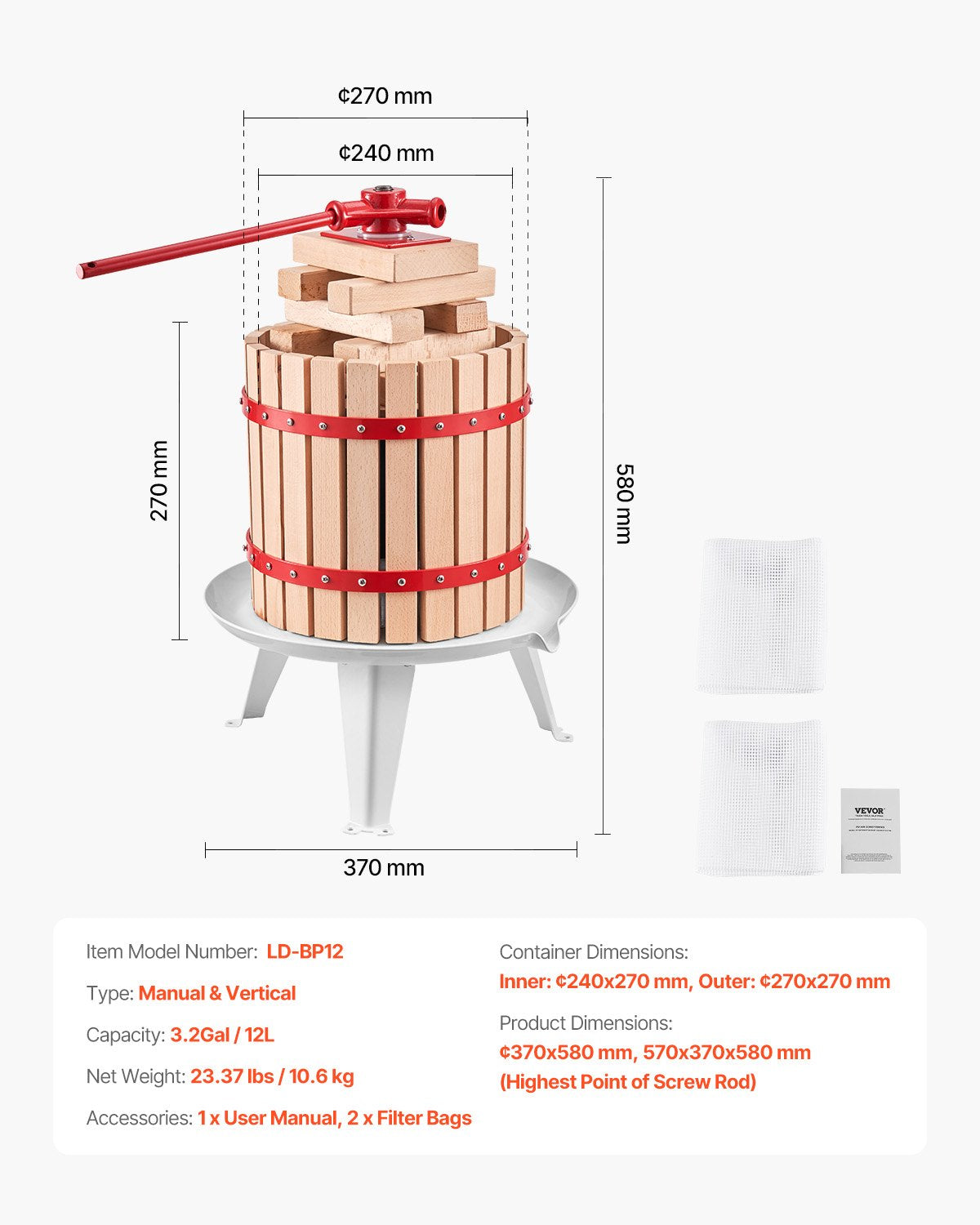 3.2 Gal/12L Fruit Wine Press, Solid Wood Basket with 8 Blocks, Heavy Duty Manual Juice Maker, Cider Apple Grape Tincture Honey Olive Oil Making Press with Handle for Kitchen, Home