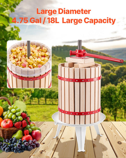 4.75 Gal/18L Fruit Wine Press, Solid Wood Basket with 8 Blocks, Heavy Duty Manual Juice Maker, Cider Apple Grape Tincture Honey Olive Oil Making Press with Handle for Kitchen, Home