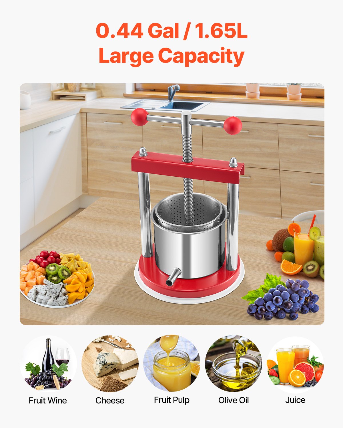 0.44 Gal/1.65L Fruit Wine Press, 2 Stainless Steel Barrels, Manual Juice Maker, Cider Apple Grape Tincture Honey Olive Oil Making Press with T-Handle for Outdoor Kitchen Home