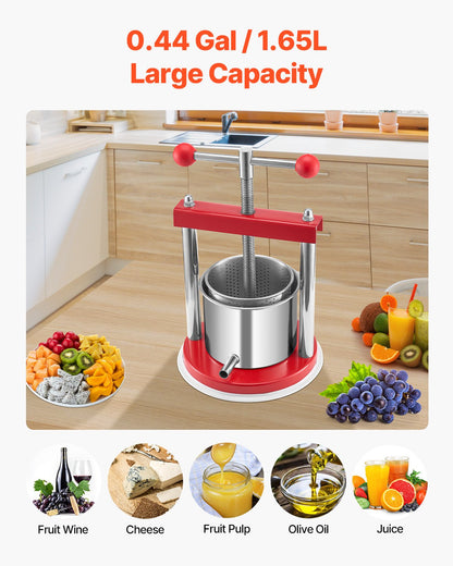 0.44 Gal/1.65L Fruit Wine Press, 2 Stainless Steel Barrels, Manual Juice Maker, Cider Apple Grape Tincture Honey Olive Oil Making Press with T-Handle for Outdoor Kitchen Home