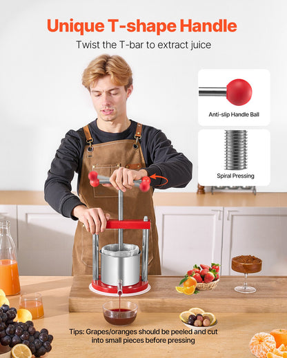 0.44 Gal/1.65L Fruit Wine Press, 2 Stainless Steel Barrels, Manual Juice Maker, Cider Apple Grape Tincture Honey Olive Oil Making Press with T-Handle for Outdoor Kitchen Home