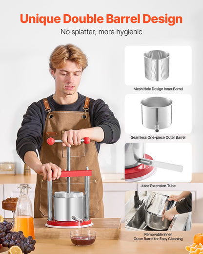 0.44 Gal/1.65L Fruit Wine Press, 2 Stainless Steel Barrels, Manual Juice Maker, Cider Apple Grape Tincture Honey Olive Oil Making Press with T-Handle for Outdoor Kitchen Home