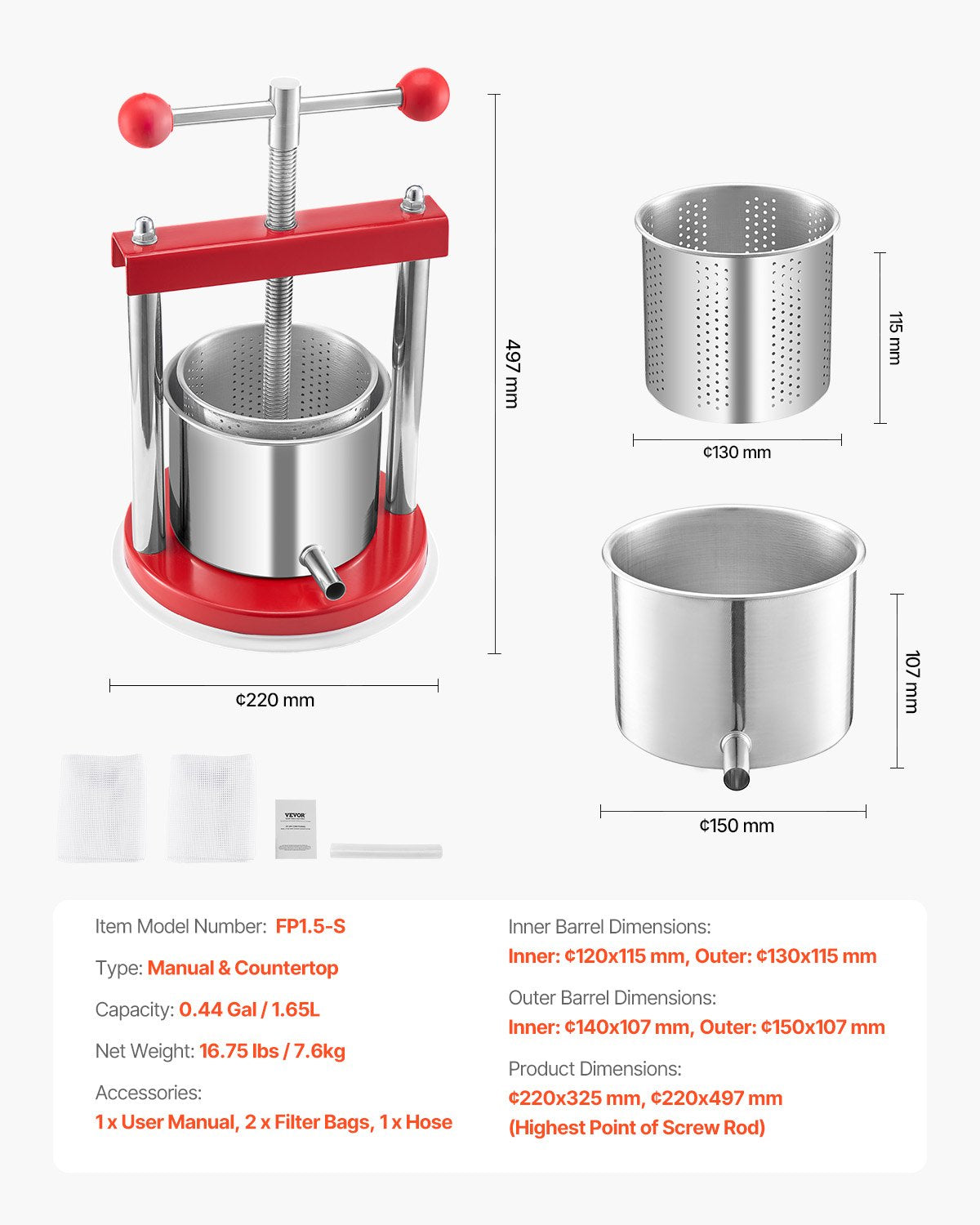0.44 Gal/1.65L Fruit Wine Press, 2 Stainless Steel Barrels, Manual Juice Maker, Cider Apple Grape Tincture Honey Olive Oil Making Press with T-Handle for Outdoor Kitchen Home