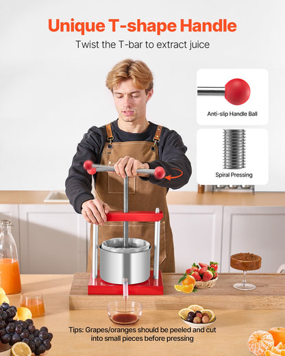 0.8 Gal/3L Fruit Wine Press, 2 Stainless Steel Barrels, Manual Juice Maker, Cider Apple Grape Tincture Honey Olive Oil Making Press with T-Handle for Outdoor Kitchen Home