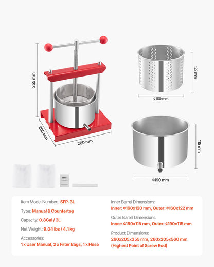 0.8 Gal/3L Fruit Wine Press, 2 Stainless Steel Barrels, Manual Juice Maker, Cider Apple Grape Tincture Honey Olive Oil Making Press with T-Handle for Outdoor Kitchen Home